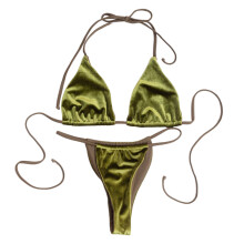 2 Pieces Bikini Set for Women Halter Top and Micro Thong Set Velvet Bathing Army Green L