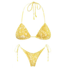 Women Lacing Bathing Suit Set Thong Beachwear Colorful Printed Strappy Turmeric leaves L
