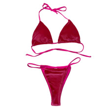 2 Pieces Bikini Set for Women Halter Top and Micro Thong Set Velvet Bathing Suit Pink L