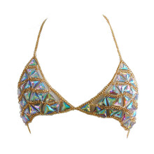 Body Chain-Bra for Women Sexy Chest Chains Acrylic Sequin Halter-Backless Top Gold