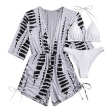 Women's Drawstring Swimsuit Mesh Cover Up Three Piece Bathing Suit Halter Bikini White S