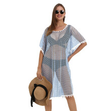 Womens Crochet Short Sleeve Beachwear Beachwear U-neck Vacation One Size Light blue