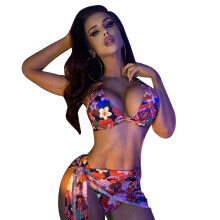 High Elastic Bikinis Set for Women 3 Pieces Swimsuit Floral Print Bathing Suits Red S
