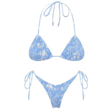 Women 2-Piece Strappy Swimming Suit High Cut Beachwear Halter Blue and white leave L