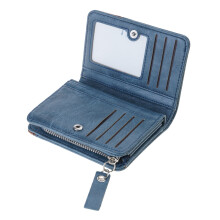 Men's Short Wallet Business Card Holder Coin Purse PU Blocking Zipper Bifold Blue