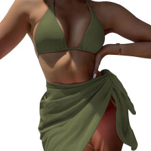 Women Solid Color Halter Bikinis Bathing Suit 3 Pieces Swimsuit with Army Green M
