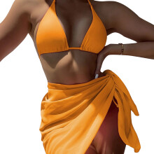 Women Solid Color Swimsuit Halter Bikinis with Beach-Skirt 3 Pieces Bathing Suit Orange L