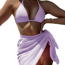Womens 3 Pieces Swimwear Halter Bikinis Set Solid Color Bathing Suit Beachwear Purple L