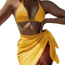 Solid Color Bathing Suits for Women Halter Bikinis Set 3 Pieces Split Swimsuits Yellow L