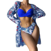 Women Three-pieces Printed Bikini Adjustable Spaghetti Straps Sexy Bathing Royal blue L