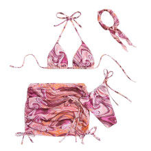 Women 4 Piece Swimwear with Beach-Skirt Floral Print Bathing Suit Halter Pattern 4 L