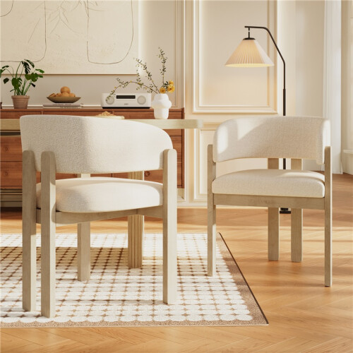 (Natural, Boucle) 6-Pack Solid Wood Dining Chairs - Natural Boucle 1