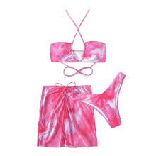 Women Tie Dye Swimsuit 3 Piece Halter Bikinis Set Lady Criss Cross Bathing Rose Red L