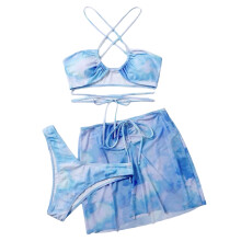 Womens Criss Cross Bathing Suit 3 Piece Swimsuit with Beach-Skirt Halter Royal blue S