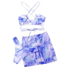 Women Criss Cross Bathing Suit 3 Piece Swimsuit Ladies Tie Dye Bikinis Beachwear Violet M