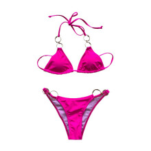 Women's O-Ring String Bathing Suits Two Pieces Swimsuit Sexy Halter Bikini Set Rose Red L