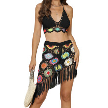 Women Tassel Bikinis Sexy Spring and Summer Mixed Colour Pattern Crochet Bikinis Black