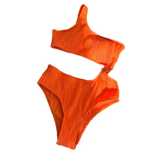 Sexy One-Piece Swimsuit One-Shoulder Cut Out Ribbed Swimwear Bathing Suits Orange S