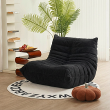 Sillón individual tipo puf con respaldo - Silla reclinable - Sin montaje, ergonómico - 80x100x72 cm - Tejido de lana de cordero, negro