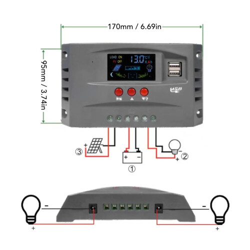 12V/24V MPPT Solar Controller 50A LCD Dual-USB 2