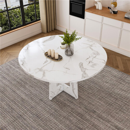 (White, MDF) 47.24" Round Farmhouse Dining Table, White Marble Finish 1