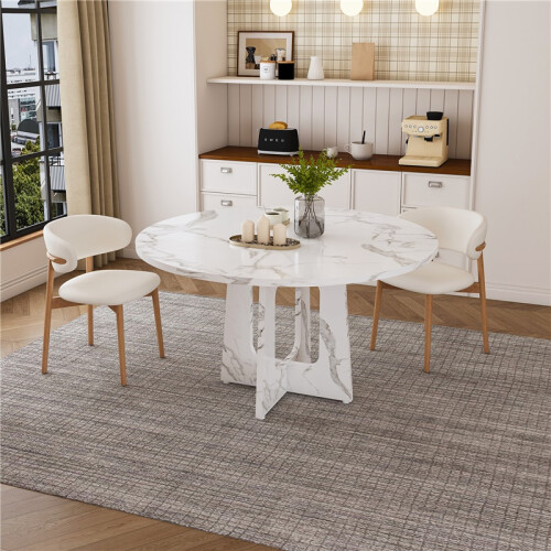 (White, MDF) 47.24" Round Farmhouse Dining Table, White Marble Finish 2