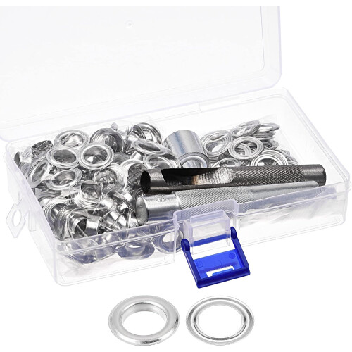 Grommet Tool Kit 100 Sets 3/8" Copper Grommets Eyelets with 3pcs Install Tools, 10mm Inside Dia. Silver Tone