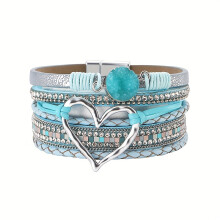 (Blue) Böhmisches magnetisches mehrschichtiges PU-Lederarmband mit übertriebenem Herzsteindetail – Statement-Stück mit breiten Manschette