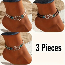 (3pcs) 3-teiliges böhmisches elastisches Fußkettchen-Set, Perlen-Fußkettchen mit doppelten hohlen Herzen, elegante Rocaillesperlen,