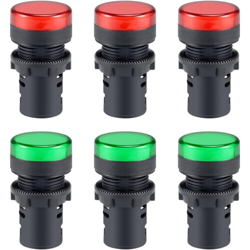 6Pcs Red Green Indicator Light AC/DC 24V, 22mm Panel Mount, for Electrical Control Panel, HVAC, DIY Projects