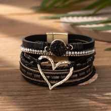 (Black) Böhmisches magnetisches mehrschichtiges PU-Lederarmband mit übertriebenem Herzsteindetail – Statement-Stück mit breiten Manschette