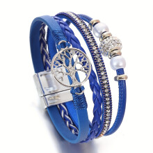 (Blue) Geflochtenes Kunstleder-Wickelarmband – buntes mehrschichtiges Armband mit Legierungs-Baum-des-Lebens-Perlen