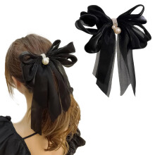Annacreations 1 Pc Stylish Hair Bow Shiny Large French Big Bow With Pearls Hair Barrette Clip Pearls Hair Clip Hair Accessories Silk Bow Hairclip For