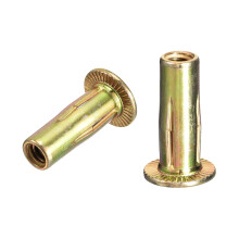 1/4-20 Multi-Grip Rivet Nuts, 100pcs Pre-Bulbed Shank Flat Head Threaded Insert Nut Gold Zinc Plated Finish Carbon Steel Plus Nuts