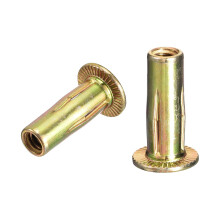 5/16-18 Multi-Grip Rivet Nuts, 100pcs Pre-Bulbed Shank Flat Head Threaded Insert Nut Gold Zinc Plated Finish Carbon Steel Plus Nuts