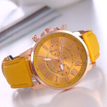 (yellow) Ladies Roman Numerals Analogue Watch, Faux Leather Strap Quartz Elegant Casual Dress Wrist Watch Gift for Women