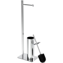 Suporte para papel higiênico com escova integrada, em aço inoxidável 304, acabamento cromado resistente e base com peso.