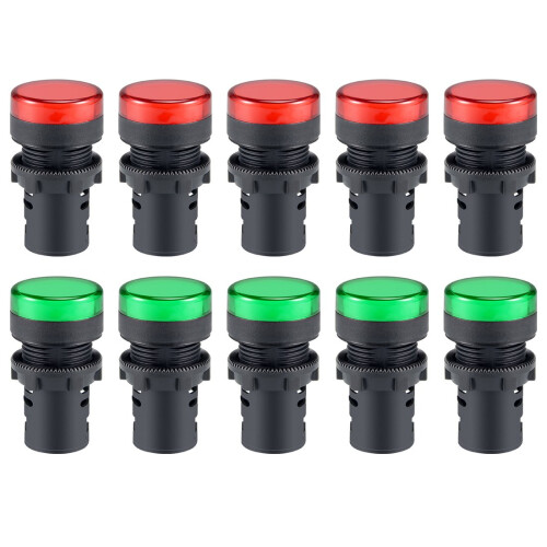 10Pcs Red Green Indicator Light AC/DC 110V, 22mm Panel Mount, for Electrical Control Panel, HVAC, DIY Projects