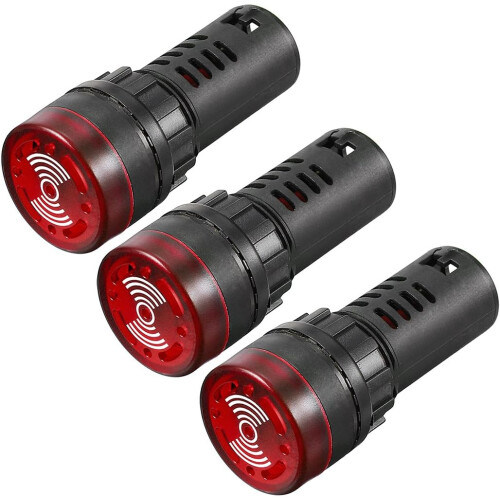 3Pcs Red Indicator Light with Buzzer AC/DC 110V, 22mm Panel Mount Flashing Alarm, for Electrical Control Panel, HVAC, DIY Projects