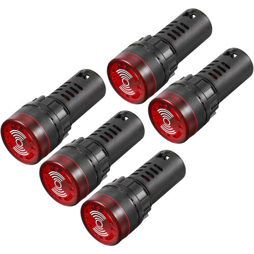 5Pcs Red Indicator Light with Buzzer AC/DC 110V, 22mm Panel Mount Flashing Alarm, for Electrical Control Panel, HVAC, DIY Projects
