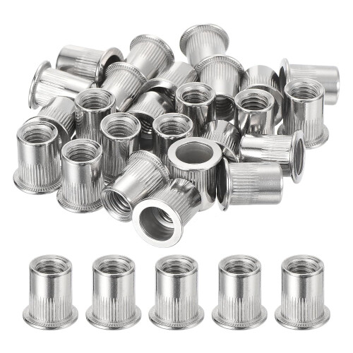 50Pcs Rivet Nuts Flat Head, 3/8 Stainless Steel 304 Threaded Insert Nuts Knurled Body
