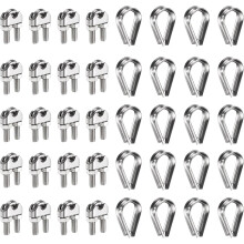 20 Pcs M6 Stainless Steel Wire Rope Clip Clamps and Thimble Set, 1/4" Wire Rope U-Bolt Cable Clamps Saddle Fastener for Wire Rope Rigging Tent Rope Gu