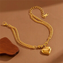 (Double-layered Beaded Heart - Gold) Dainty Four Leaf Clover Bracelet for Women, Gold Stainless Steel Adjustable Fashion Jewellery
