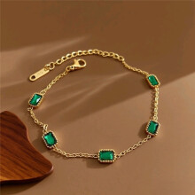 (Five beaded green diamonds - bracelet - gold) Dainty Four Leaf Clover Bracelet for Women, Gold Stainless Steel Adjustable Fashion Jewellery