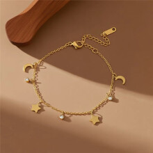 (Star and Moon Beaded Bracelet - Gold) Dainty Four Leaf Clover Bracelet for Women, Gold Stainless Steel Adjustable Fashion Jewellery