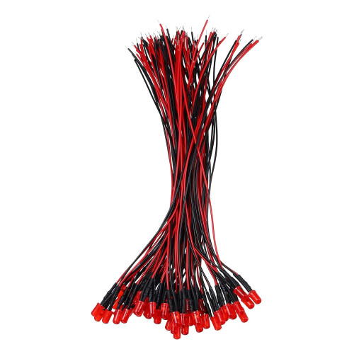 50pcs 5mm LED Diode Lights, Red Light DC 12V Pre-Wired Small Emitting LED Light High Brightness