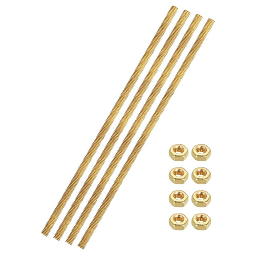 4 Sets Brass Fully Threaded Rod, M3x0.5mm Pitch Right Hand Threads Studs with Solid Brass Hex Nuts, 100mm/4 Long Threaded Screw Rods Fasteners for Anc