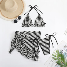 Halter Bikinis Set for Women 3 Pieces Swimsuit Stripe Girls Lace Blue three piece sui L