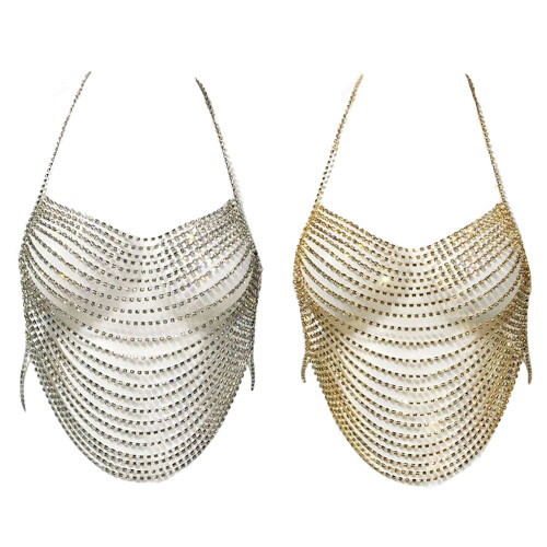Rhinestone-Backless Halter-Crop Top Adjustable-Harness-Bikini Chest Chain Silver 2