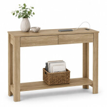 (2 Drawer, Oak) Hallway Console Table with USB Ports and Shelf